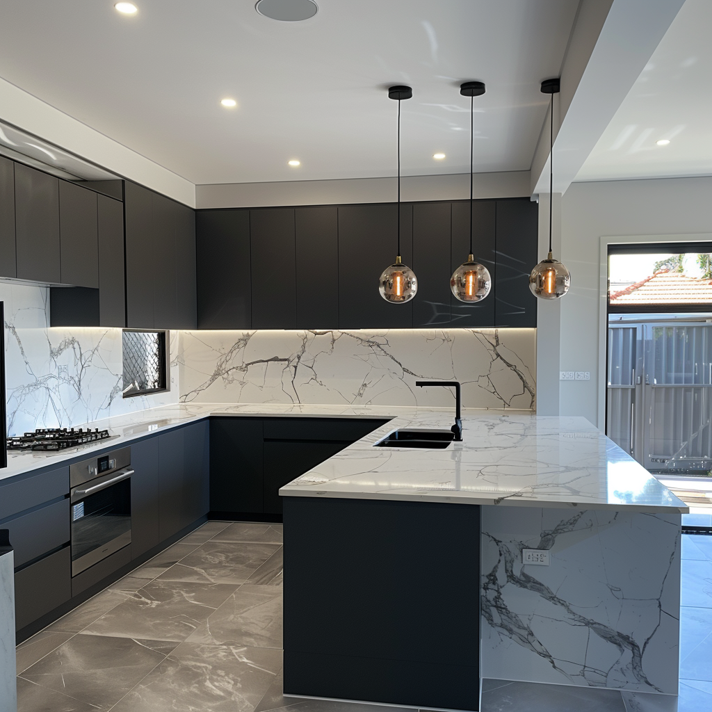 Elegant kitchen featuring high-end countertops and expertly installed fixtures by Plumbing Cremorne.