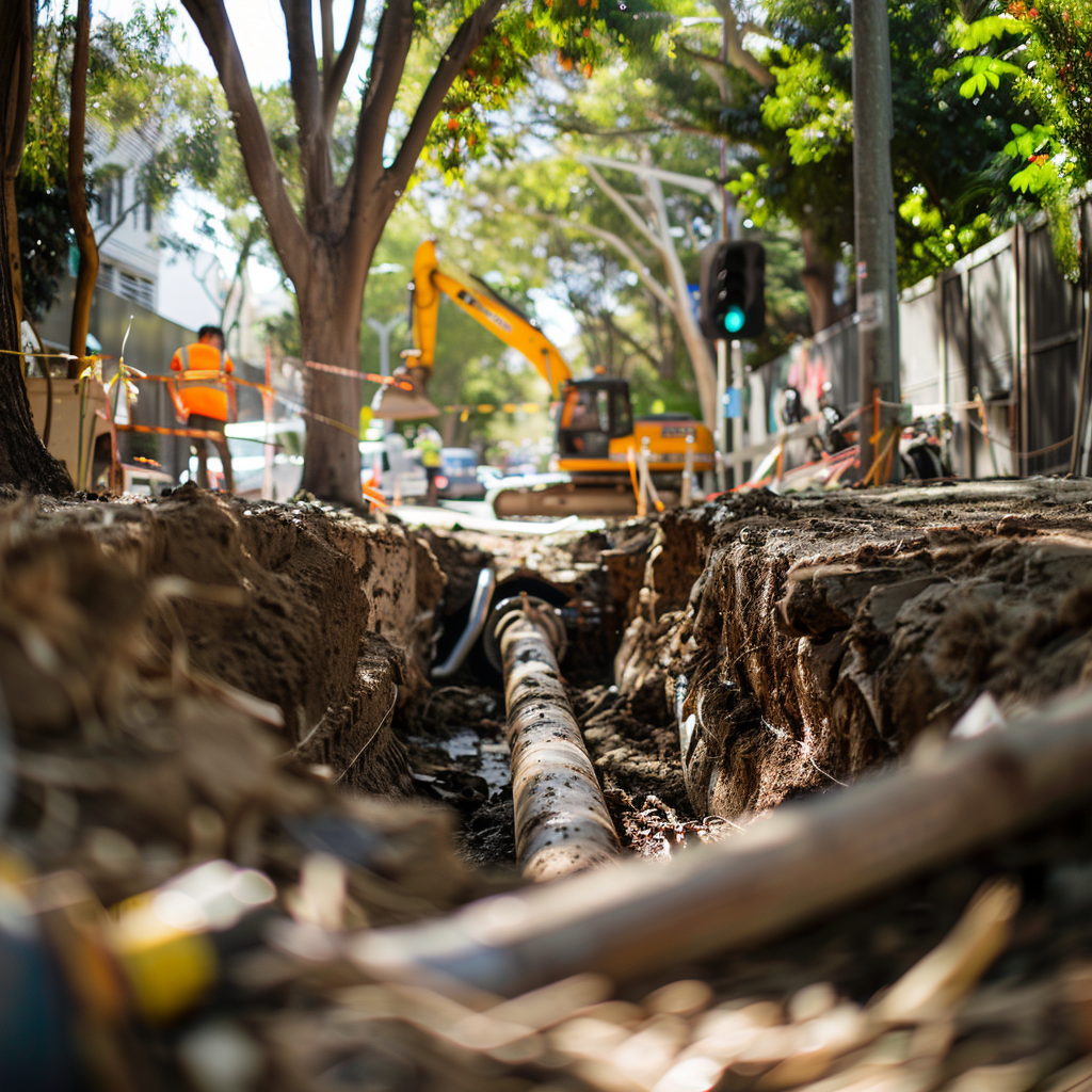 Trench excavation for pipe repairs by expert plumbers, ensuring efficient service.